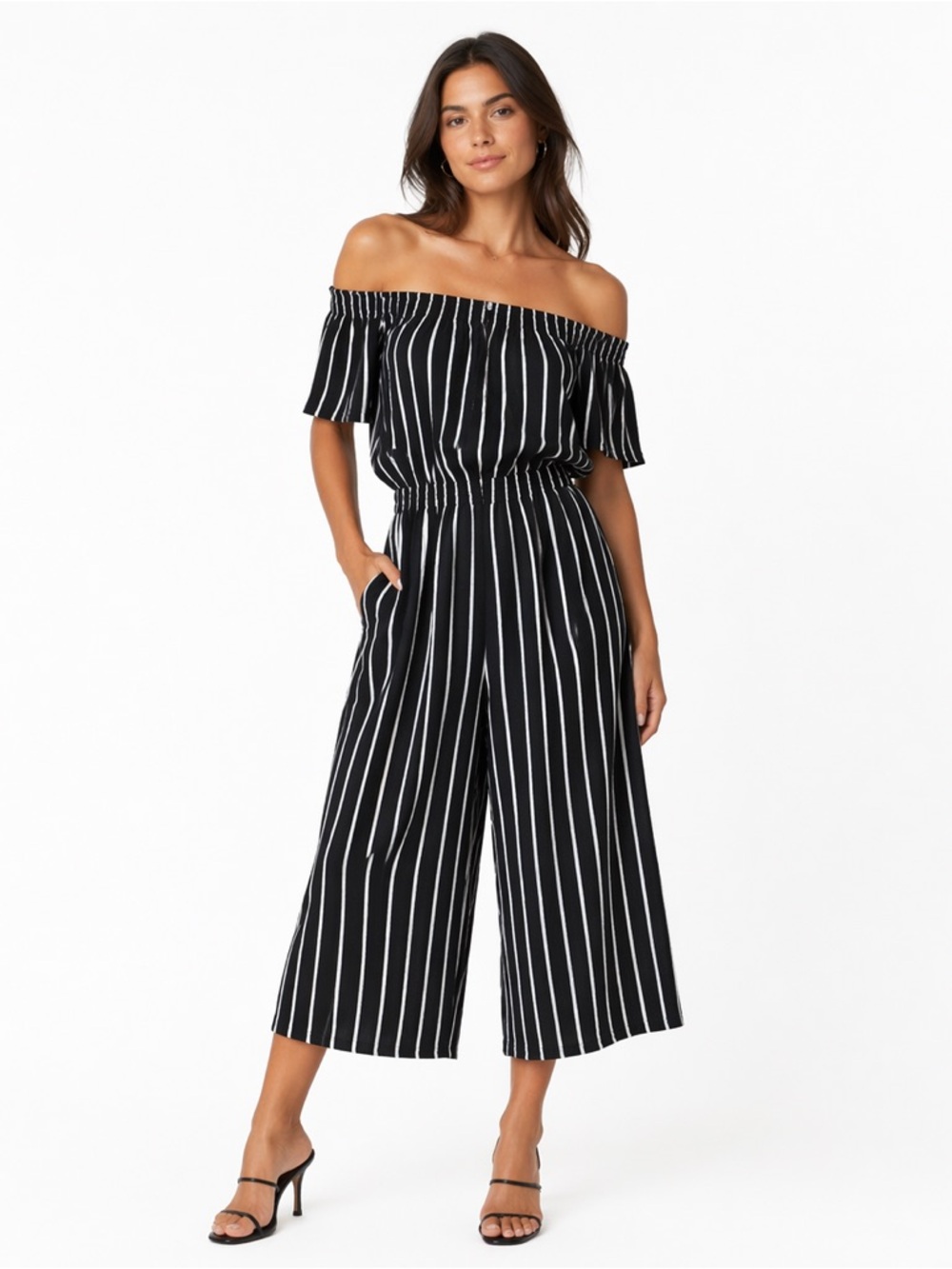 AMBIANCE Off Shoulder vertically striped Black and White off shoulder Jumpsuit S